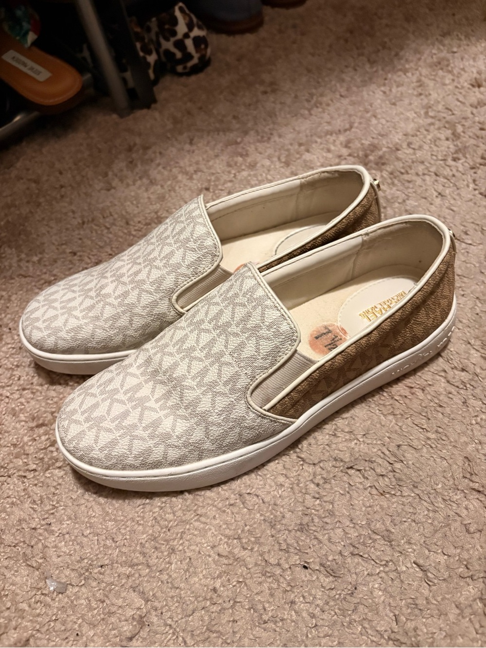 Michael Kors Beige and Brown Logo Slip-On Sneakers